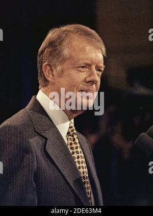 Close up of Jimmy Carter at a press conference ca.  26 January 1979 Stock Photo