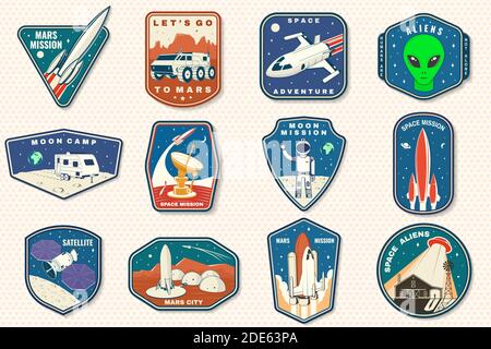 Set of space mission logo, badge, patch. Vector illustration Concept for  shirt, print, stamp. Vintage typography design with space rocket, alien,  mars city, camper van on the moon and earth silhouette Stock Vector Image &  Art - Alamy