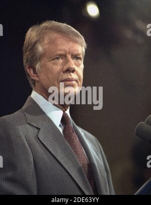 Jimmy Carter at the podium during a press conference ca.  10 October 1978 Stock Photo