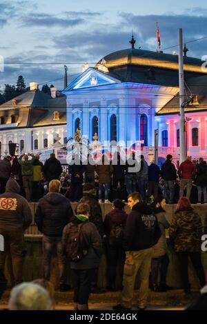 Huge crowd of people protesting at square on Slovak anti governmental demonstration against corona virus restrictions Stock Photo
