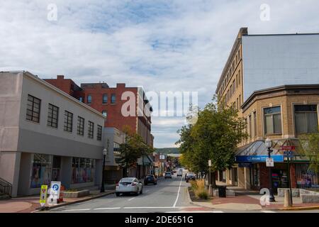 Historic commercial buildings on Main Street at Prichard Street in downtown Fitchburg, Massachusetts MA, USA. Stock Photo