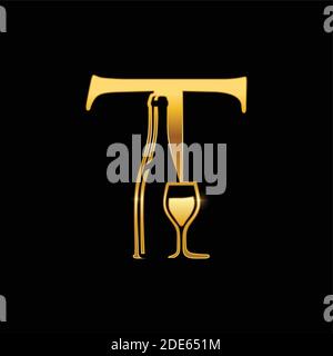 A Vector Golden Wine Bottle Font Letter T Logo Sign Stock Vector