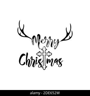 A vector Illustration of Merry Christmas Vector Sign with Antlers Deer  in black and white color Stock Vector