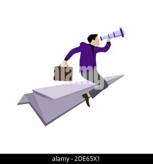 Businessman flying on paper plane to searching investment. Looking for new idea and source of money. Leadership man with telescope looks in future of Stock Vector