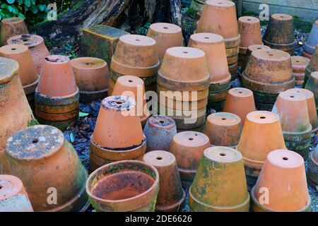 A collection of old, used flower pots - John Gollop Stock Photo