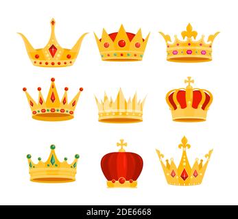 Golden crown vector illustration set, cartoon flat gold royal medieval collection of monarchy symbols, crown on head isolated on white Stock Vector