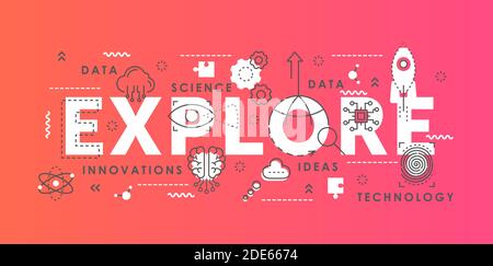 Explore word abstract thin line vector illustration with innovation science symbols, scientific lab equipment, idea development concept Stock Vector