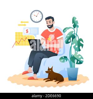 Freelance home work flat vector illustration, cartoon bearded happy hipster sitting in modern armchair, man freelancer character working at home Stock Vector