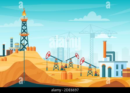 Oil extraction landscape vector illustration, cartoon flat urban factory skyline with well drilling, oil rig tower to pump black liquid Stock Vector