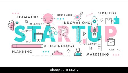 Startup word abstract thin line vector illustration with launch rocket, business new idea creative innovative symbols concept background Stock Vector