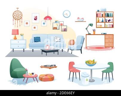 Furniture decoration in home interior vector illustrations, cartoon flat modern cozy furnishing decor for living room, home office, kitchen Stock Vector