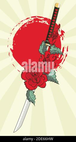 Japanese katana sword and red rose flowers with leaves illustration. Stock Vector