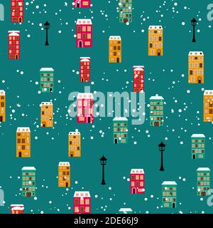 Merry Christmas and Happy New Year Card with Little Town Seamless Pattern Background. Vector Illustration EPS10 Stock Vector