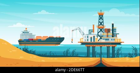 Oil gas extraction vector illustration, cartoon flat drill oilfield technology, offshore extracting pump tower station at sea water Stock Vector