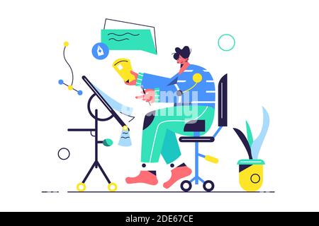 Guy working on a project at the table Stock Vector