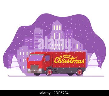 Christmas semi truck delivery .Happy New Year postcard.Winter landscape with snowy fir trees. Stock Vector