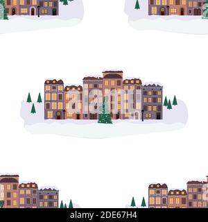 Merry Christmas and Happy New Year Card with Little Town Seamless Pattern Background. Vector Illustration EPS10 Stock Vector