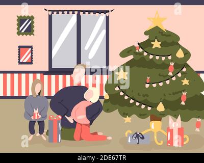 Dad and his daughters opens presents and tell Christmas stories Stock Vector