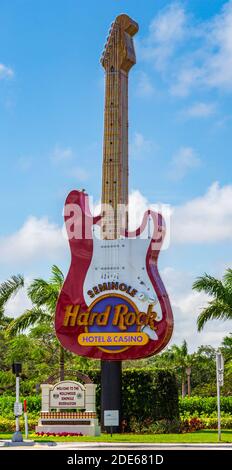 Seminole Hard Rock Hotel and Casino entrance with guitar shaped sign - Hollywood, Florida, USA Stock Photo