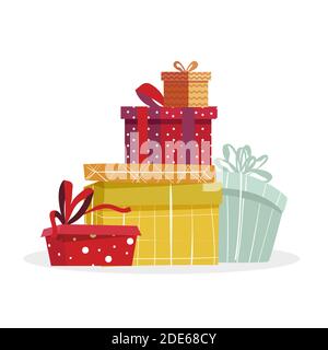 Pile of gift boxes to present at christmas or birthday. Colored cartoon present pile, container giftbox for birthday and christmas, lot surprise for g Stock Vector