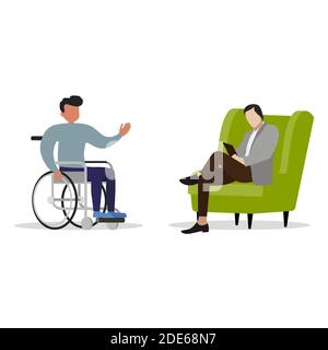 Psychologist consulting invalid on wheelchair. Vector psychotherapy to disability patient, psychology support and mental help, illustration social tal Stock Vector