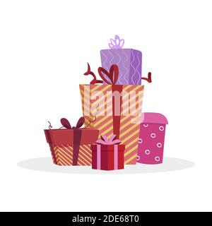 Colored pile of gift boxes isolated on white background. Vector xmas giftbox, celebration and greeting presents to birthday anniversary, cardboard gif Stock Vector