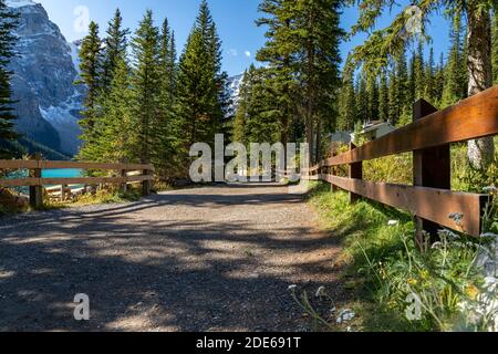 Moraine lake lakeshore trail in summer sunny day morning. Beautiful landscape in Banff National Park, Canadian Rockies. Alberta, Canada. Stock Photo