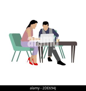 Busines meeting with client. People talking. Business people office work. Vector partnership occupation, collaboration, in cafe with laptop, partners