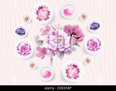 3d mural pink  flowers in circles . flowers in white circles . light modern swirl background . Stock Photo