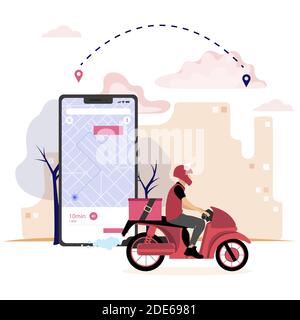 Delivery pizza fast food by mobile application. Driver on moped, tracking courier on map, motorbike city drive from restaurant, service delivery. Vect Stock Vector