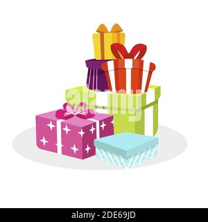 3d isometric pile of presents to xmas and new year. Vector isometric decorative gift boxes in bright colored wrapped illustration Stock Vector