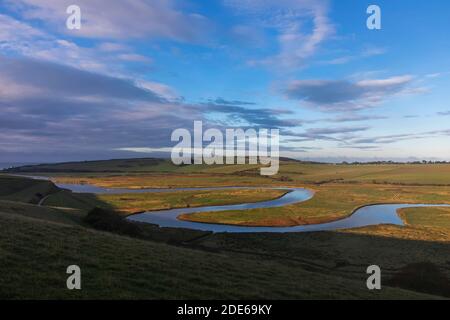 England, East Sussex, Eastbourne, South Downs National Park, Birling Gap, The Cuckmere River  at Sunset Stock Photo