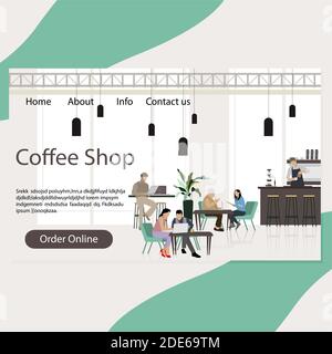 Coffee shop landing page, cafeteria interior with customers conversation and coworking. Coffeehouse interior, community coworking space, canteen homep Stock Vector
