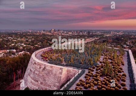 View from Getty Center Cactus Garden of Los Angeles skyline at sunset with assortment of cacti in the foreground, Los Angeles, USA Stock Photo