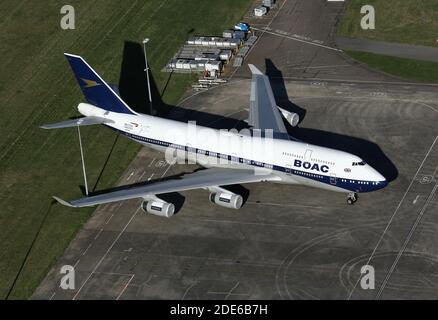 An aerial view of the British Airways Boeing 747 Jumbo Jet in the BOAC retro livery. Stock Photo