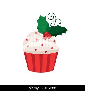 Christmas cupcake with mistletoe - cute winter sweets food. Stock Vector