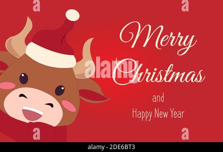 Cartoon Happy New Year 2021 Bull. Vector Of Cute Ox Santa. Merry