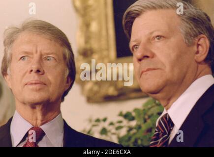 Close up of Jimmy Carter and German Chancellor Helmut Schmidt. ca.  13 July 1977 Stock Photo