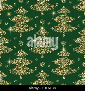 Gold foil Christmas tree seamless vector pattern backdrop. White doodle ...