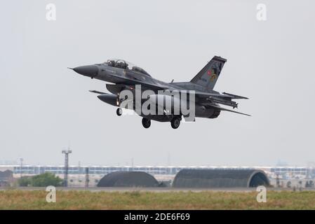 KONYA, TURKEY - June 08 2016: Several F-16 of Turkish Air Force gather for a military exercise known as Anatolian Eagle. Pilots execute several war sc Stock Photo