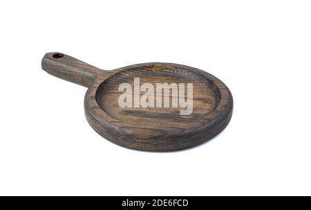 Cutting Board with a handle, isolated on a white background. Side view with space for copying. Stock Photo
