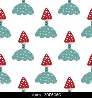 Seamless cartoon pattern. Mushroom seamless pattern with red fly-agaric mushrooms. Stock Vector