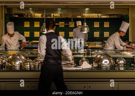 Galley (Kitchen) on Ferry Boat Pont Aven. In the restaurant  you can dine á la carte and enjoy a large selection of fine wines (Chef: Yann Collen) Stock Photo