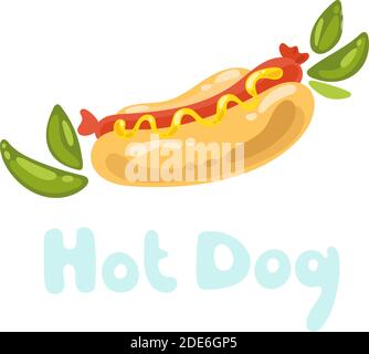 Vector hotdog with mustard and leaves. Icon for apps and websites. National American junk food. Hot dog funny food, doodle cute kawaii style. Side Stock Vector