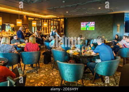 Bar of The Dunloe Hotel near Killarney, Ireland, during a televised Rugby Game Stock Photo