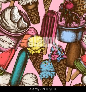 Seamless pattern with hand drawn colored ice cream bowls, ice cream bucket, popsicle ice cream, ice cream cones, ice cream balls Stock Vector