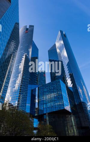 Puteaux, France - November 12, 2020: Exterior view of Societe Generale twin towers, headquarters of the French bank located in Paris-La Défense Stock Photo