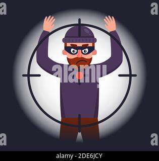 the police are holding a robber who raised his hands up. to catch a robber at the crime scene. flat vector character illustration. Stock Vector