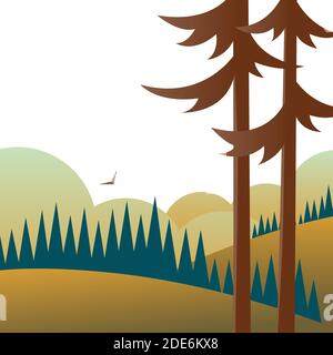 Landscape with pine trees, forests and fields. In the background sky and clouds. The beauty of the wild. Vector illustration. Stock Vector