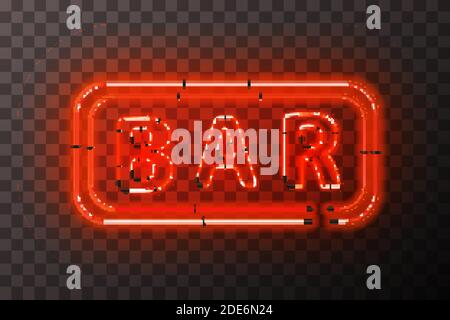 Bright red neon BAR sign with rectangle frame on transparent background Stock Vector